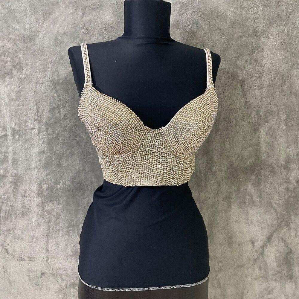 Windsor Women’s S Jeweled Rhinestone Embellished Bustier White Silver TLC *
